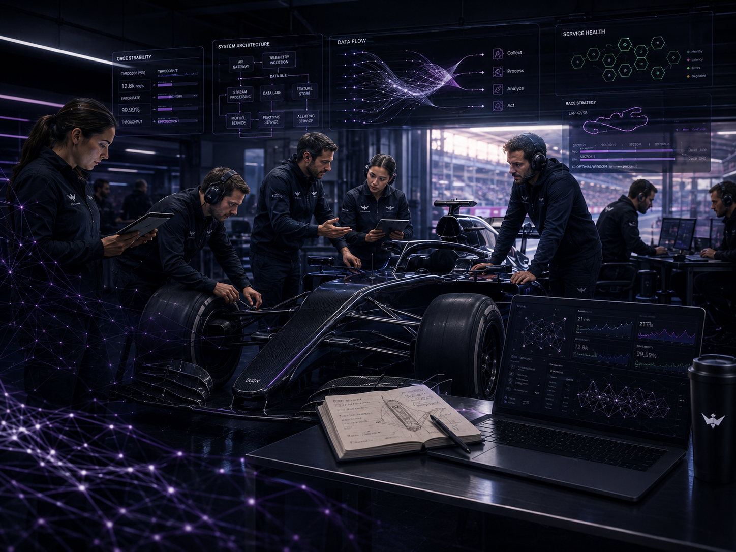 Wewer team reviewing system architecture, data flow, and race strategy dashboards in a Formula 1 garage
