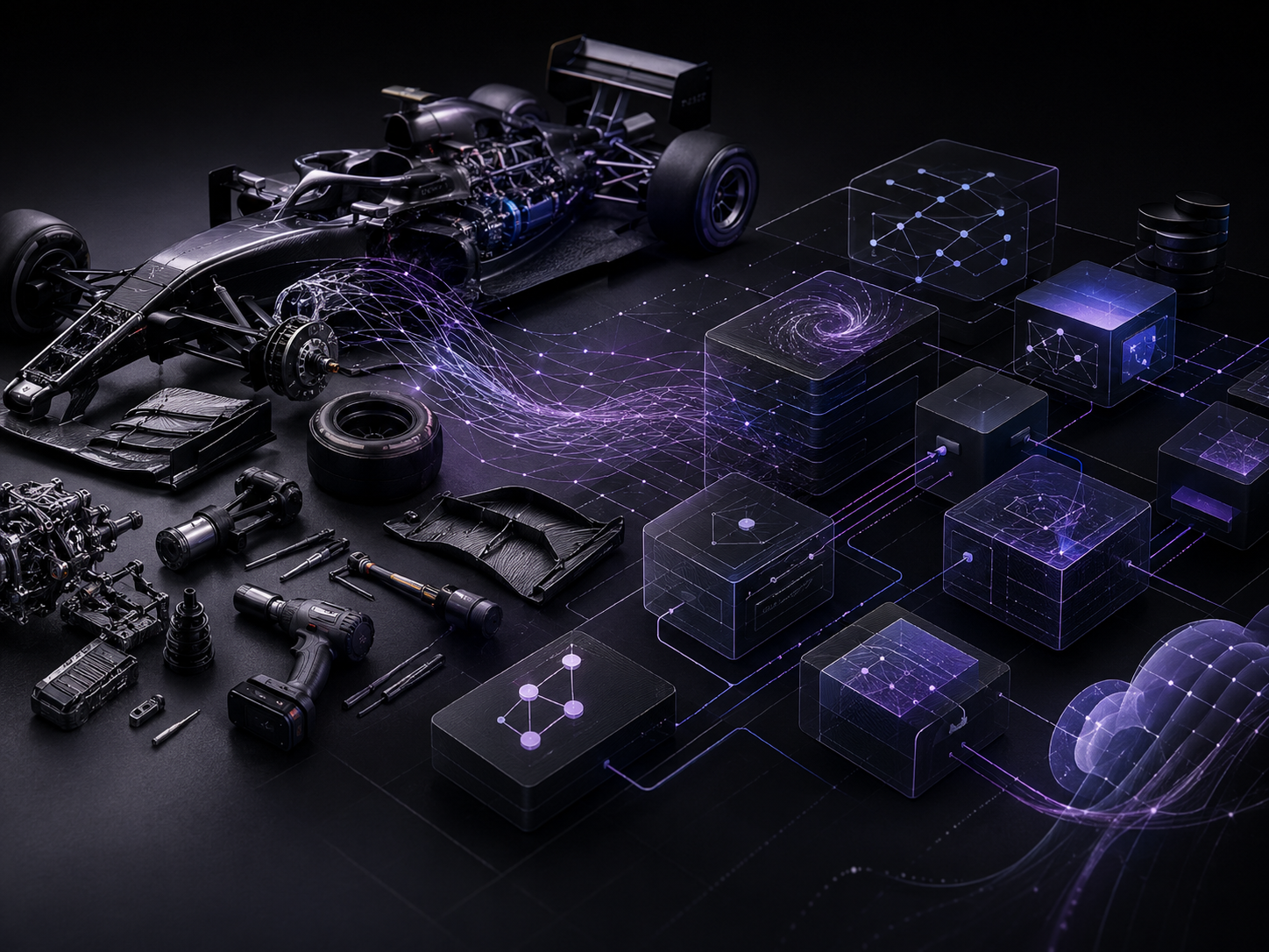 Formula 1 car components transitioning into a connected network of digital infrastructure blocks