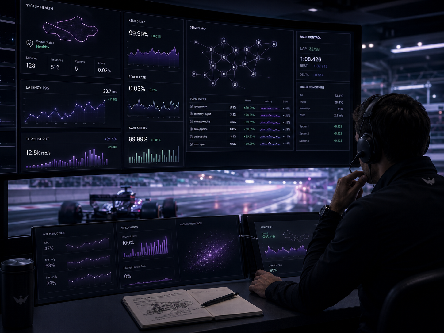 Race-control-style observability dashboard showing system health, latency, reliability, and error rate metrics