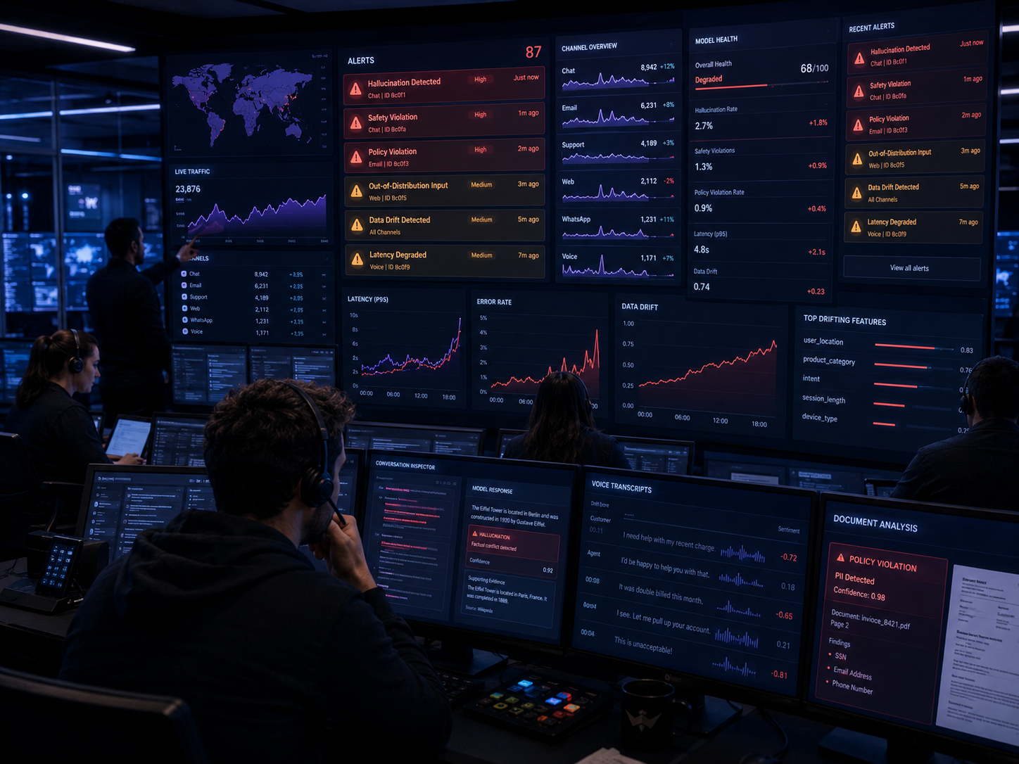 Production monitoring dashboard tracking drift, latency, and alerts