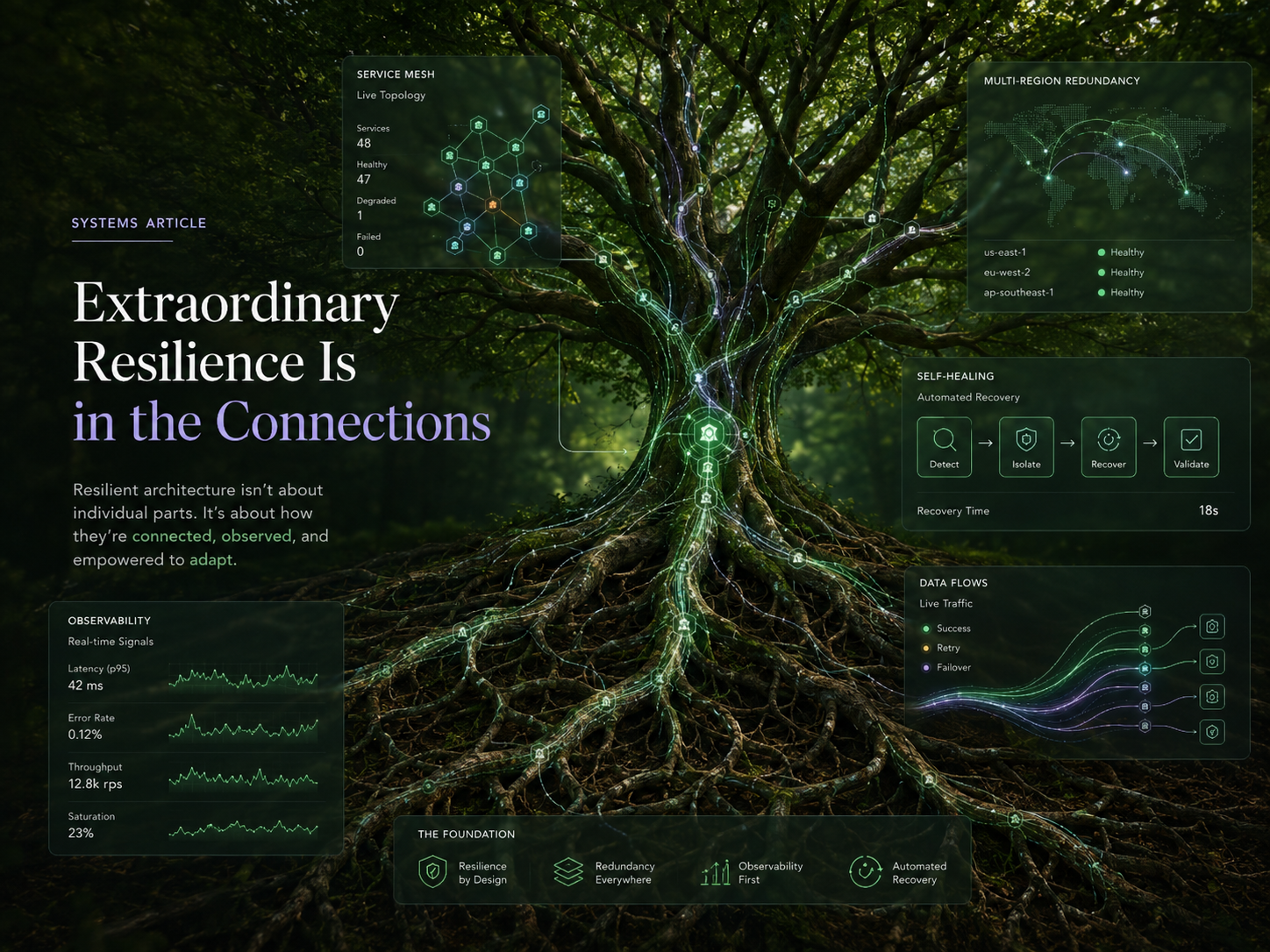A tree with a vast root system labeled as the foundation — resilience by design, redundancy everywhere, observability first, automated recovery
