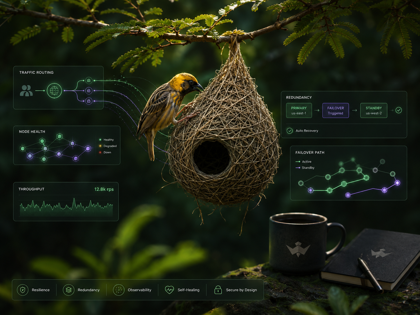 A weaver bird building its nest alongside traffic routing, node health, and failover dashboards